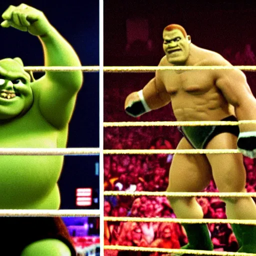 Prompt: shrek and John cena tag team fight vs andre the giant and hulk hogan at wrestlemania 8, dramatic lighting ,