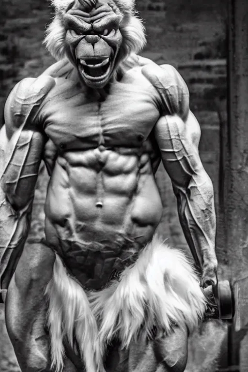 Image similar to The Grinch is a jacked muscle builder gigachad, grayscale photography