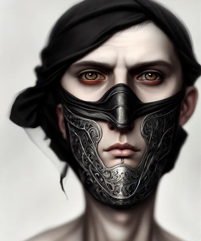 Image similar to white young man with black fabric mask, highly detailed face!!!, true anatomy!, extremely detailed!, digital painting, unreal engine 5, art by tom bagshaw