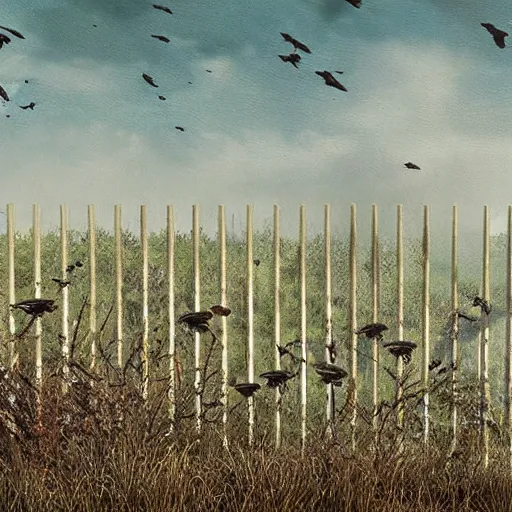 Prompt: an endless very tall fence, in a field, birds, dystopian, grim, dark, masterpiece oil painting, octane render, by barlowe, by kincaid 4 k