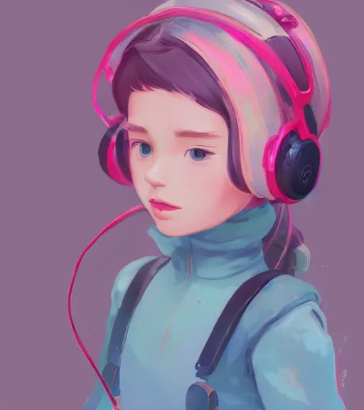 Image similar to beautiful little girl character inspired by 9 0's fashion and by madeline from celeste, art by rossdraws, wlop, ilya kuvshinov, artgem lau, sakimichan and makoto shinkai, concept art, headphones, anatomically correct, extremely coherent, realistic