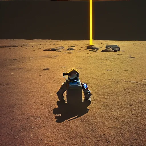 Image similar to photograph of a lonely astronaut sitting at remote bus stop at night, a glowing meteor behind him, overhead lighting, tranquil, desolate, hazy, atmospheric, autochrome