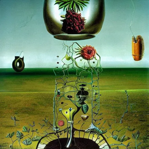 Image similar to a machine that converts plastic into plants. surrealism. salvador dali.