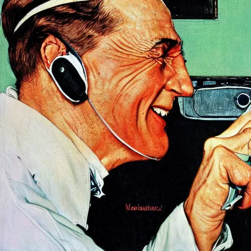 Prompt: Norman Rockwell painting of a talking on the phone, smiling