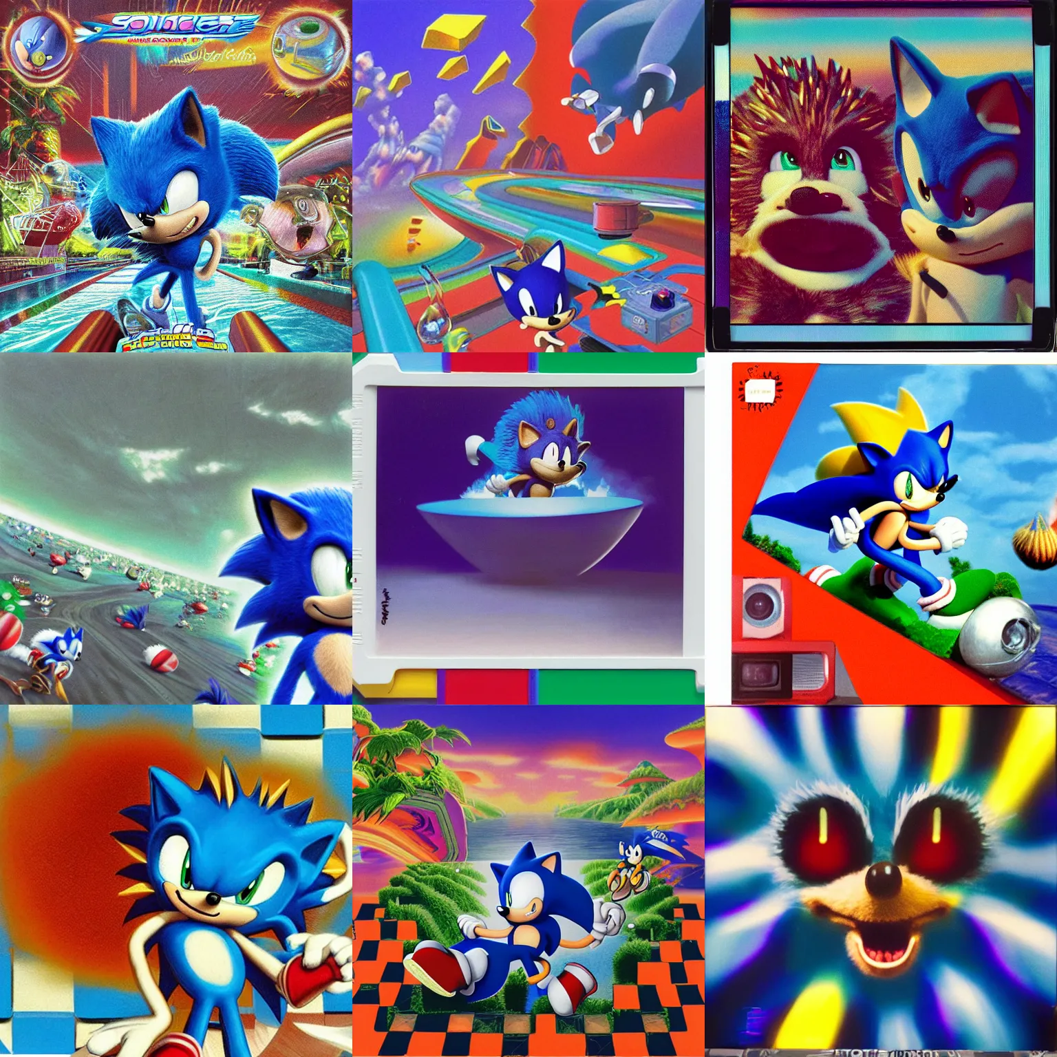 Prompt: polaroid portrait of sonic hedgehog and a matte painting landscape of a surreal, sharp, detailed professional, soft pastels, high quality airbrush art album cover of a liquid dissolving airbrush art lsd dmt sonic the hedgehog swimming through cyberspace, iridescent checkerboard background, 1 9 8 0 s 1 9 9 8 sega genesis rareware video game album cover