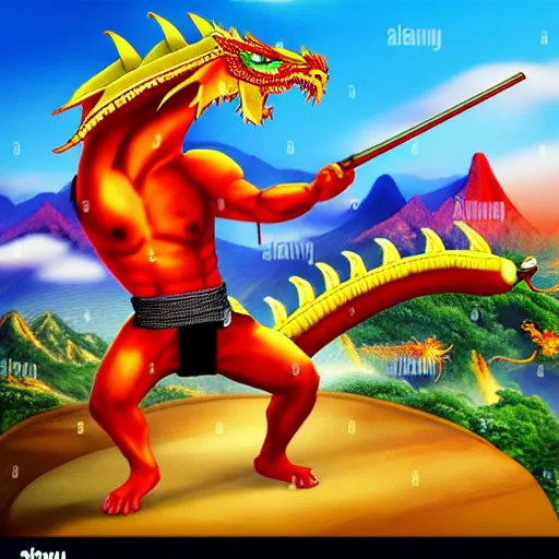 Image similar to Chinese president, battle, weapon bananas, dragon, mountains background, fighting stance, painting