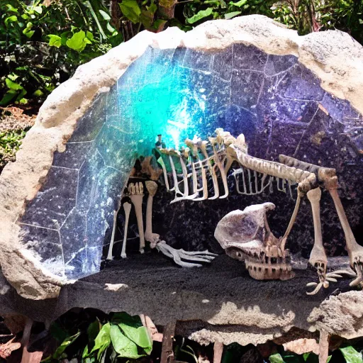 Image similar to dinosaur skeleton in a crystal geode