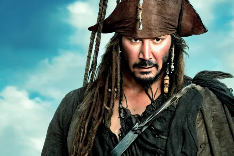 Prompt: promotional image of Keanu Reeves as a pirate in Pirates of the Caribbean: The Curse of the Black Pearl (2003 film), detailed face, movie still, promotional image, imax 70 mm footage