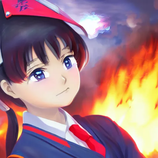 Image similar to Portrait of a Japanese schoolgirl with short hair in school uniform causing flames in a moment of rage with GUNDAM on background, ultra detailed, artstation, 8k, photorealistic, digital anime art.