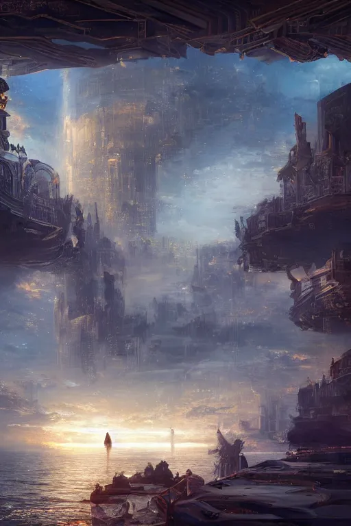 Image similar to magnificent view of the city of atlantis rising on the sea, intricate, elegant, volumetric lighting, digital painting, highly detailed, artstation, sharp focus, illustration, concept art, ruan jia, steve mccurry