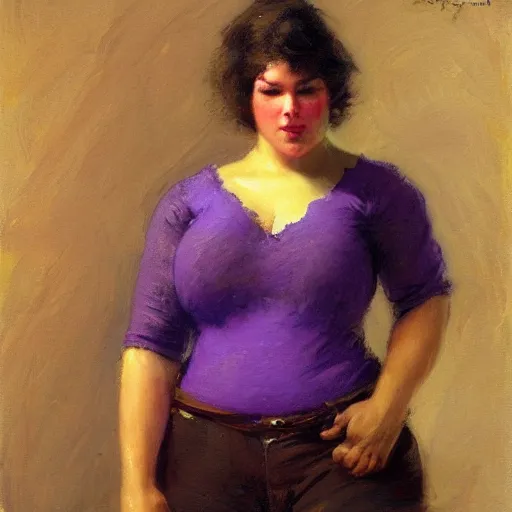 Image similar to a woman in a purple shirt with a chubby body type, painting by Gaston Bussiere, Craig Mullins