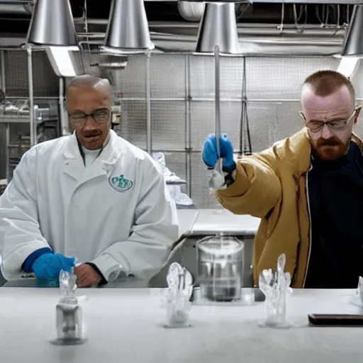 Image similar to walter white and jesse pinkman in gus frings underground laboratory making crystal covered donuts