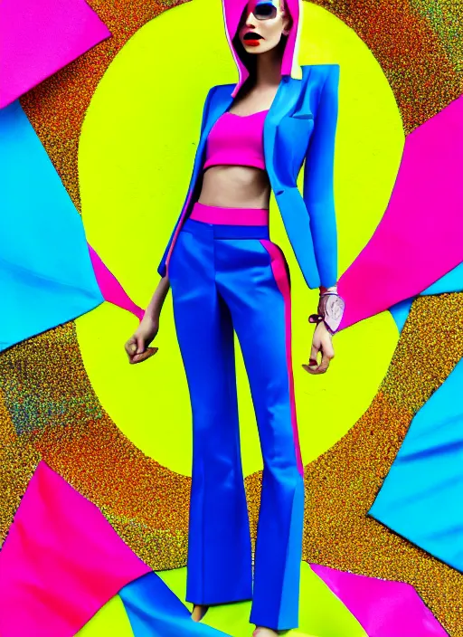 Image similar to bright trouser suit for a rave, bright colors, many details, prints, photo for a magazine, photo for a store, fashion photography, Vogue, 135 mm, cinematic, hyper realism, high detail, 8k, Two models in the frame, dynamic pose,Smooth skin, perfect face