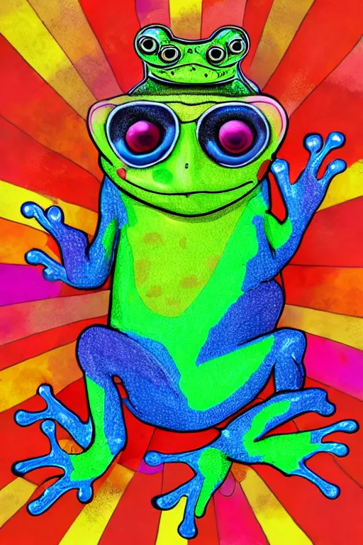 Prompt: beautiful colorful cartoon drawing with high detail of a spotted frog with a wizard hat, frog, wizard, wizard hat, colorful, vibrant colors, cinematic quality character render; ultra high quality model; production quality cinema model; hidden