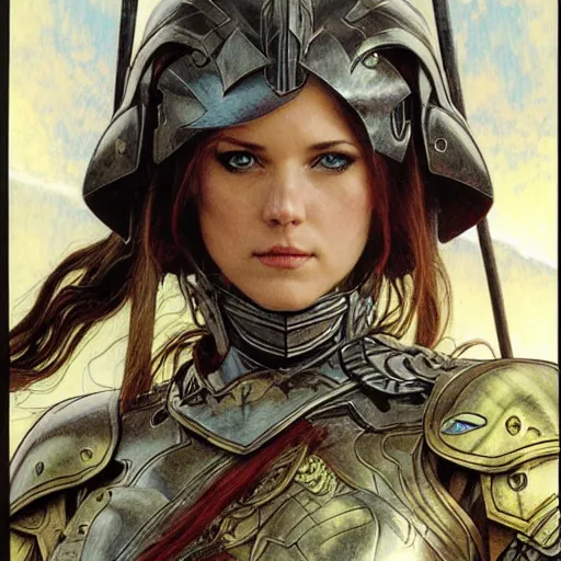 Image similar to head and shoulders portrait of a armored female paladin, d & d, fantasy, luis royo, magali villeneuve, donato giancola, wlop, krenz cushart, hans zatka, klimt, alphonse mucha