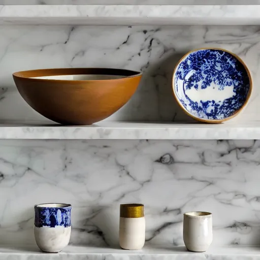 Prompt: ceramic bowl and plate on a marble shelf