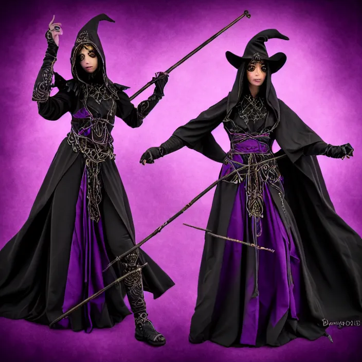 Prompt: photograph of a real - life beautiful! elemental darkness witch with ornate black and purple robes and staff. extremely detailed. 8 k