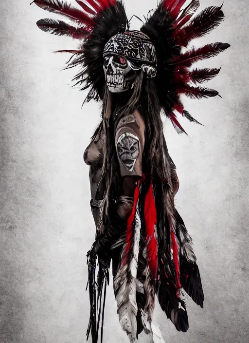 Image similar to the ghost - spirit of the grim - warpaint wears the scarlet skull armor and native blood headdress feathers, midnight fog - mist!, dark oil painting colors, realism, cinematic lighting, various refining methods, micro macro autofocus, ultra definition, award winning photo