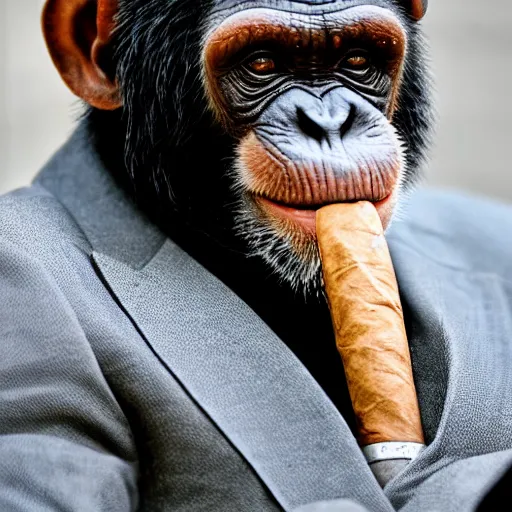 Image similar to a high detail closeup shot of a chimp wearing a suit and smoking a cigar