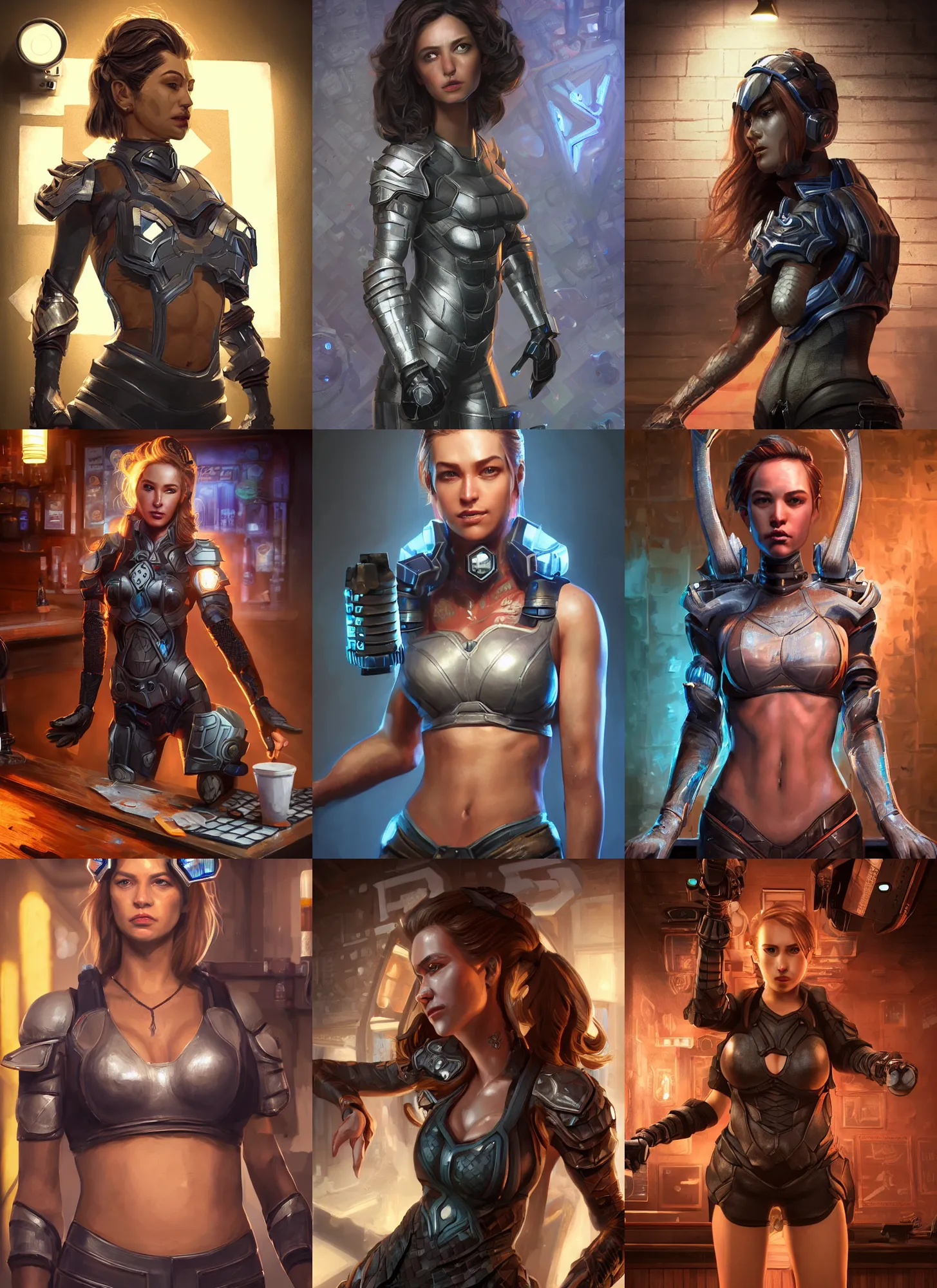 Prompt: hyper detailed ultra sharp character portrait of a woman wearing hextech armor standing in a dive bar, with a realistically proportioned face, cinematic lighting, good value control, smooth, realistic shading, realistic face details, smooth, highly detailed, digital painting, concept art, painted texture maps, illustration, art by studio fortiche, painted texture maps, substance painter