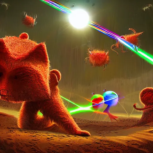 Image similar to laser war between funny creatures on a planet, digital art, award winning 4K