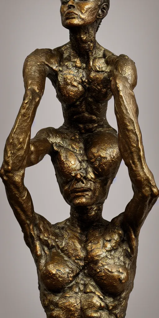 Image similar to detailed photo of old bronze patina statue of most beautiful alien woman, full body portrait, various bending poses, photorealism, intricate detail, museum diffuse lighting