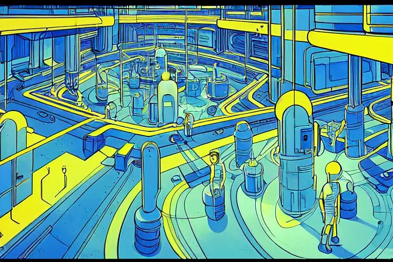 Prompt: a scifi illustration, factory interior. parallax birds eye view. vats of fluid. flat colors, limited palette in FANTASTIC PLANET La planète sauvage animation by René Laloux
