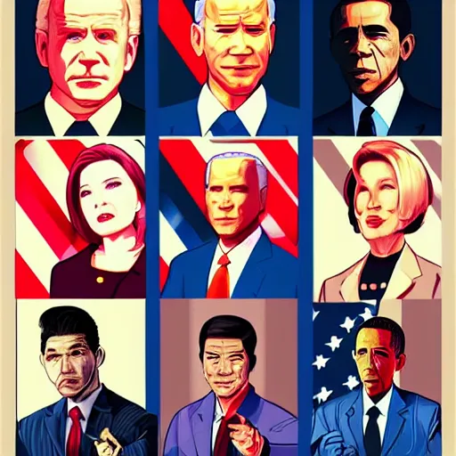 Prompt: gta chinatown wars art style as joe biden, george w bush, nancy pelosi, hot asian babes, obama, on next gta poster, hyperrealistic, rgba colors, remove duplicate content, justify contents center.