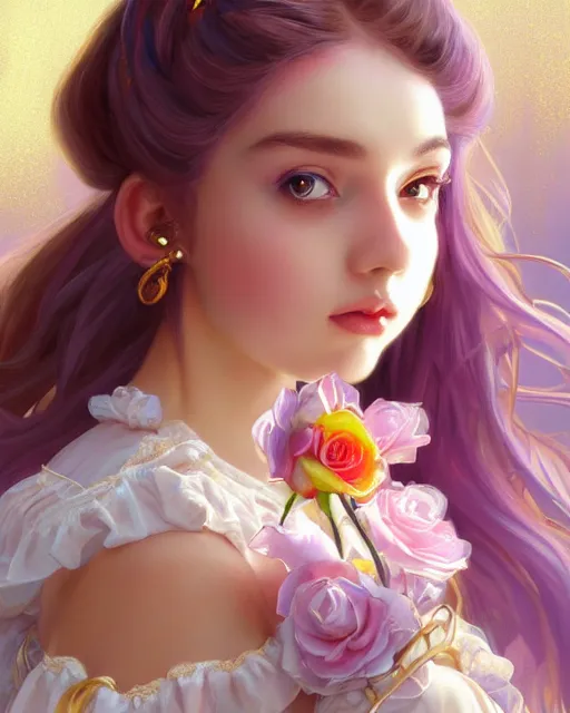 Image similar to portrait of magical lolita girl, dreamy and ethereal, expressive pose, big gold eyes, exciting expression, fantasy, intricate, elegant, many rainbow bubbles, rose tones, highly detailed, digital painting, artstation, concept art, cyberpunk wearing, smooth, sharp focus, illustration, art by artgerm and greg rutkowskiand alphonse mucha