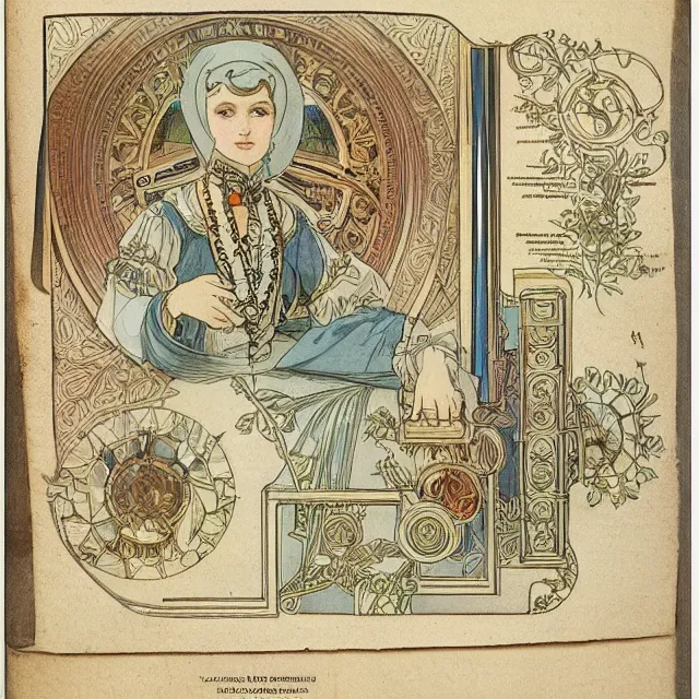 Image similar to detailed, intricate technical drawings on parchment from 1 8 4 0, accented with color, with labels and notes, for a beautiful, symmetric, art deco android hand, by ron cobb and alphonse mucha