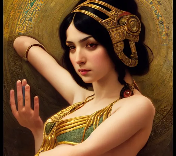 Image similar to photography of sensual cleopatra with hands - up, deep focus, intricate, elegant, highly detailed, digital painting, artstation, concept art, matte, sharp focus, illustration, art by artgerm and greg rutkowski and alphonse mucha and gil elvgren