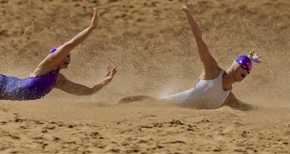 Image similar to olympic swimming in sand instead of water, extremely coherent, motion blur