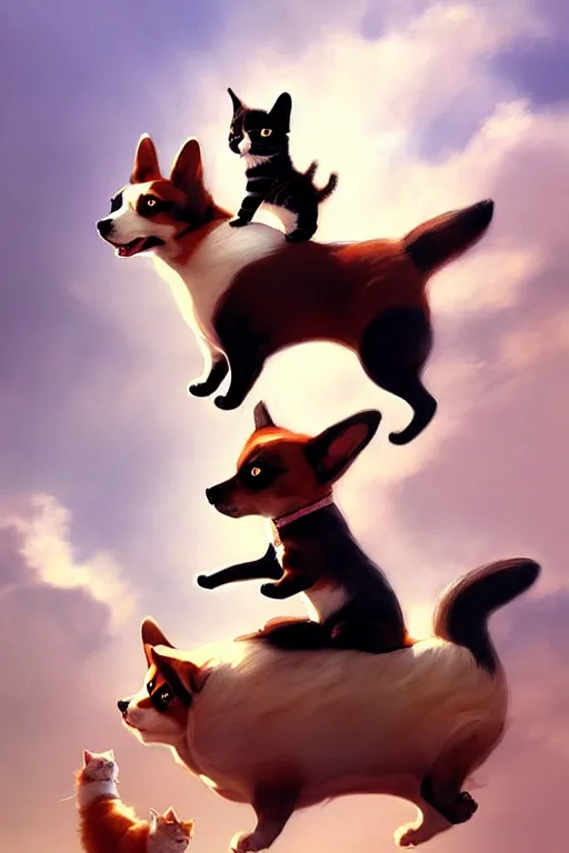 Image similar to tiny cat girl riding on the back of a giant corgi by greg rutkowski