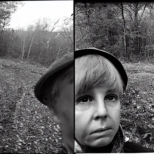 Prompt: trailcam footage of young Paul McCartney crying in woods at night