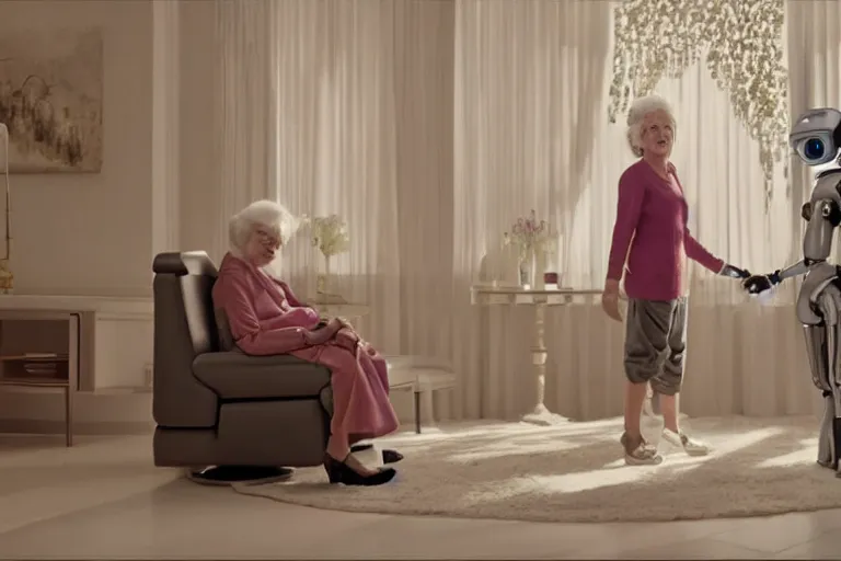 Prompt: VFX movie of happy old woman helping a futuristic humanoid assistant robot in a decadent living room by Emmanuel Lubezki
