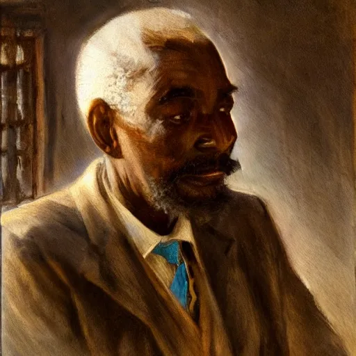 Prompt: a painting of a thinker, thoughtful, focused, visionary, calm, jovial, loving, fatherly, generous, elegant well fed elder with few eyebrows and his on from Kenya by Henry Ossawa Tanner . dramatic angle, ethereal lights, details, smooth, sharp focus, illustration, realistic, cinematic, artstation, award winning, rgb , unreal engine, octane render, cinematic light, macro, depth of field, blur, red light and clouds from the back, highly detailed epic cinematic concept art CG render made in Maya, Blender and Photoshop, octane render, excellent composition, dynamic dramatic cinematic lighting, aesthetic, very inspirational, arthouse.