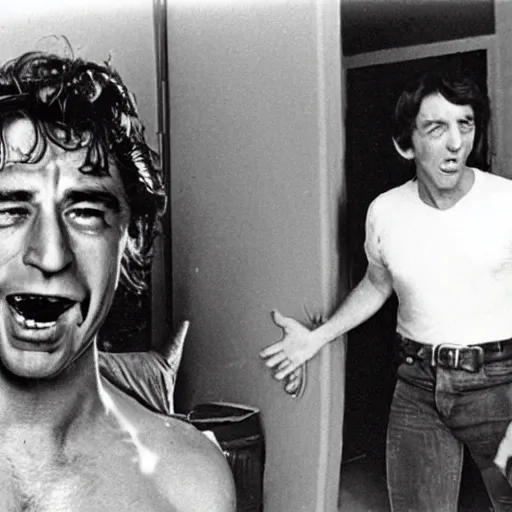 Image similar to frightened robert deniro pointing at a running goblin, photograph, 1 9 7 6