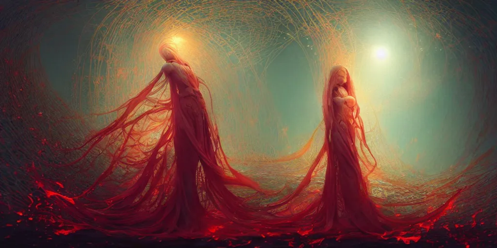 Prompt: ocean of canvas that catches liquid fire, intricate pearls, ornate ruby, magical, concept art, art nouveau, Reylia Slaby, Peter Gric, trending on artstation, volumetric lighting, CGsociety