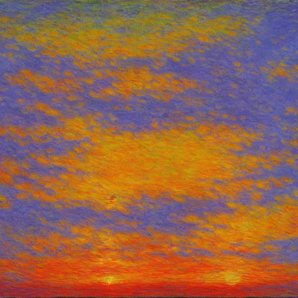 Image similar to an impasto oil painting of a stunning, colorful sunset painted by claude monet, complementary colors, golden ratio