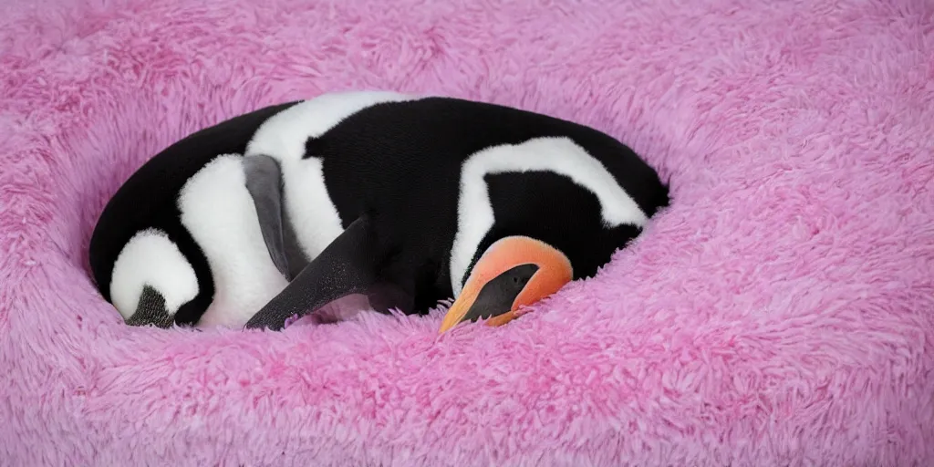 Image similar to realistic penguin sleeping in a pink fluffy bed