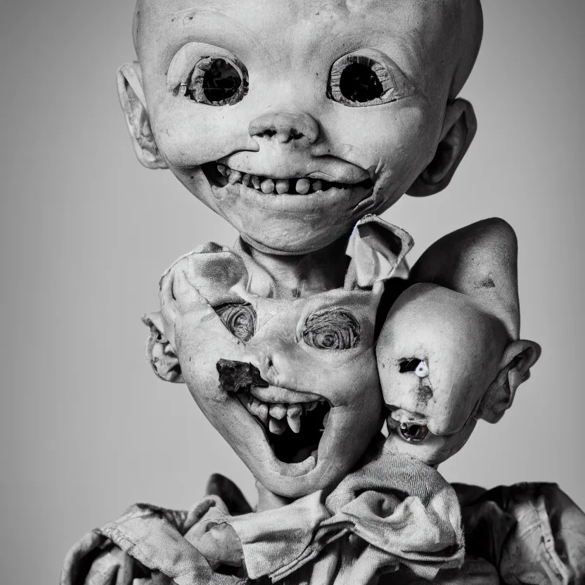 Prompt: creepy ventriloqiest dummy in the style of Roger Ballen, 4k, bw, portrait