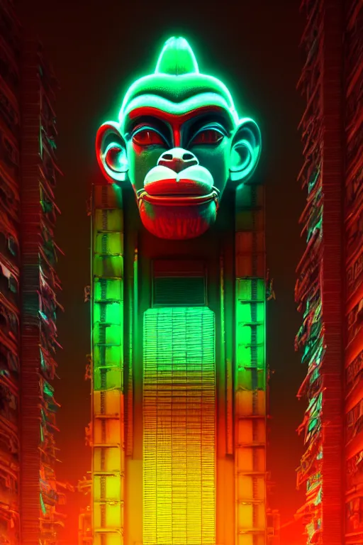 Prompt: high quality 3 d render colorful cyberpunk brutalist hanuman head building, neon yellow madhubani, highly detailed, in sci - fi mumbai, unreal engine cinematic smooth, liam wong, moody light, low angle, uhd 8 k, sharp focus