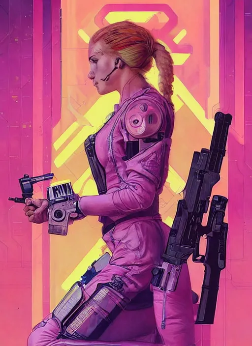 Image similar to beautiful cyberpunk female athlete wearing pink jumpsuit and firing a futuristic yellow belt fed automatic pistol. advertisement for pistol. cyberpunk ad poster by james gurney, azamat khairov, and alphonso mucha. artstationhq. gorgeous face. painting with vivid color, cell shading. buy now! ( rb 6 s, cyberpunk 2 0 7 7 )