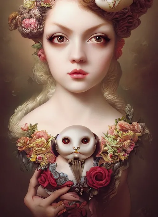 Image similar to pop surrealism, rococo, baroque hair, young female bird seductive - fine - face, pretty face, key visual, realistic shaded perfect face, fine details by stanley artgerm lau, wlop, mark ryden, trevor brown, andrei riabovitchev, marc simonetti, and sakimichan, trending on artstation