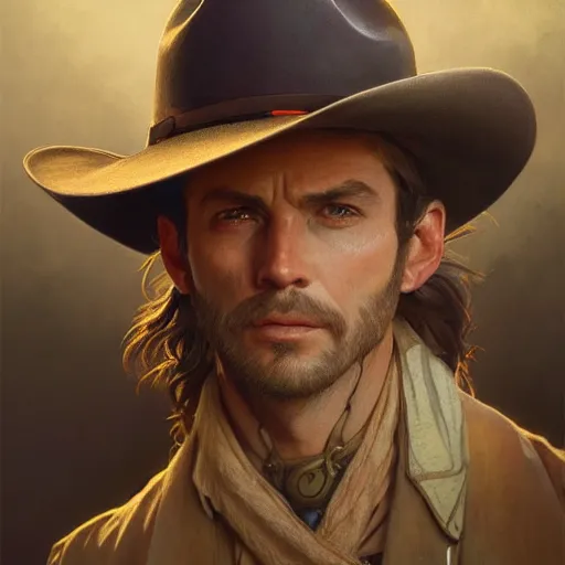 Image similar to portrait of a cowboy, elegant, intricate, headshot, D&D, fantasy, highly detailed, digital painting, artstation, concept art, sharp focus, illustration, art by artgerm and greg rutkowski and alphonse mucha