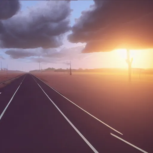 Image similar to a dream made of endless roads and cloudy skies, cinematic, ray tracing