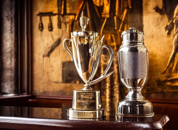 Image similar to a reflective steel engineering trophy at a high end bar in a medieval themed castle in golden afternoon light, professional food photography