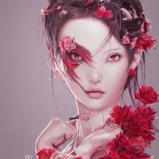 Image similar to studio portrait absurdly beautiful, elegant, graceful, young hypercolorful sensual anime girl rubies and red petals, ultrafine hyperrealistic detailed face illustration by kim jung gi, irakli nadar, intricate linework, sharp focus, bright colors, matte, octopath traveler, final fantasy, unreal engine highly rendered, global illumination, radiant light, intricate environment