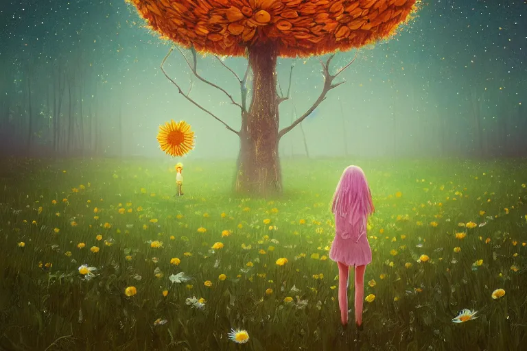 Image similar to giant daisy flower head, girl standing in forest, surreal photography, dark night, stars, moon light, impressionist painting, clouds, digital painting, artstation, simon stalenhag