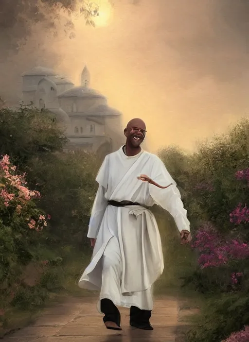 Image similar to oil painting portrait of a happy joyful rejoicing tonsured dominican monk in a white habit, striding through a flourishing garden at sunset with a monastery in the background, hazy, digital art, chiaroscuro, artstation, cinematic, golden hour, digital art painting by greg rutkowski, hazy atmosphere, flowers, cinematic lighting